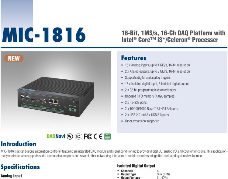 研華MIC-1816 具有Core?i3 /Celeron?處理器的16位，1 MS / s，16通道DAQ平臺