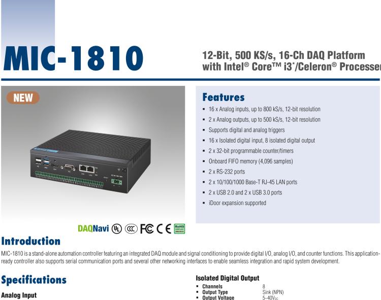 研華MIC-1810 帶有Core?i3 /Celeron?處理器的12位，500 KS / s，16通道DAQ平臺