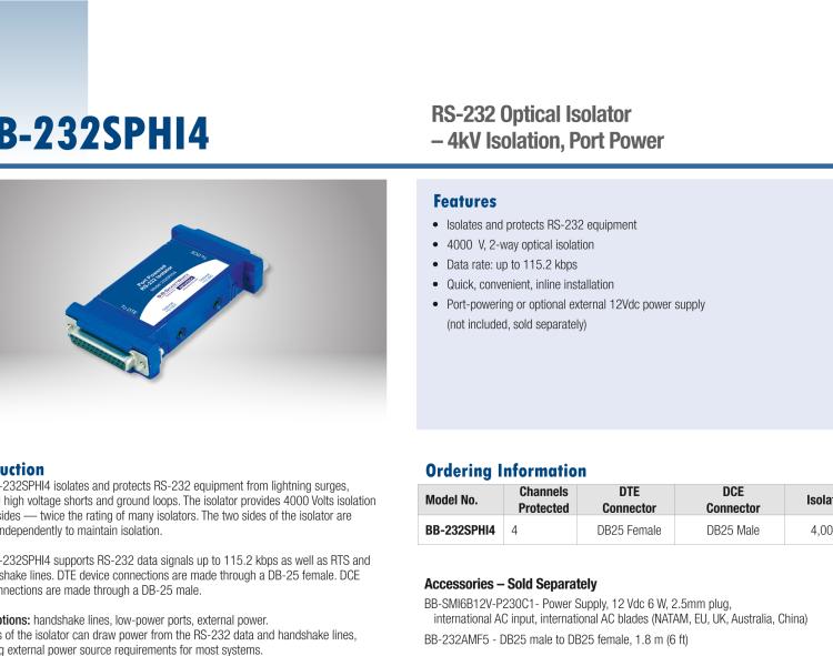 研華BB-232SPHI4 串口中繼器，RS-232 DB25，4 kV隔離，端口供電