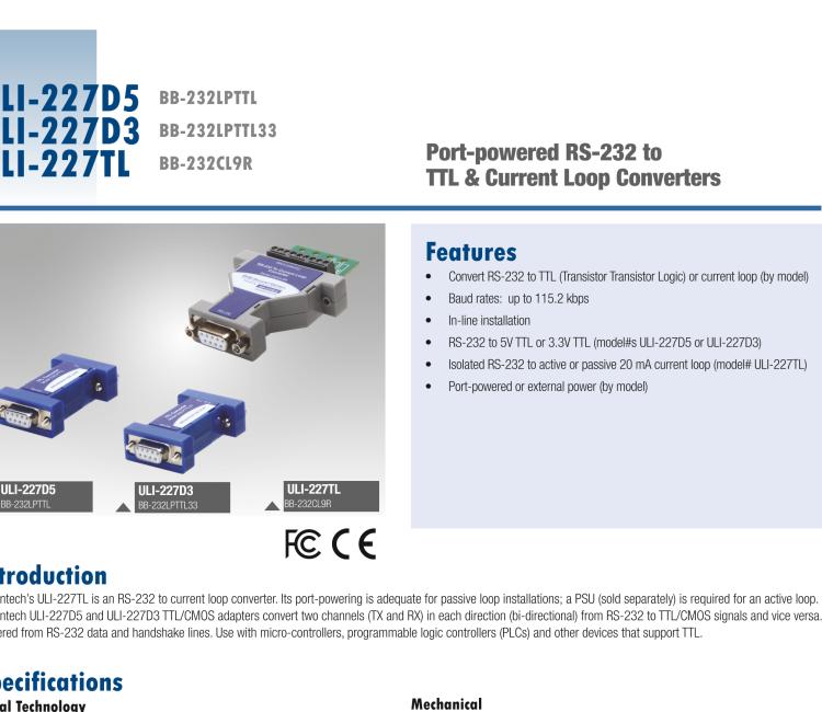 研華BB-232LPTTL33 ULI-227D3 RS-232（DB9母頭）至3.3V TTL（DB9公頭）轉換器，端口供電