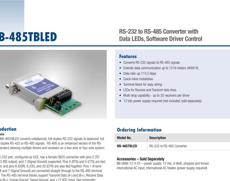 研華BB-485TBLED 串口轉(zhuǎn)換器，RS-232 DB25 母頭至RS-485 TB