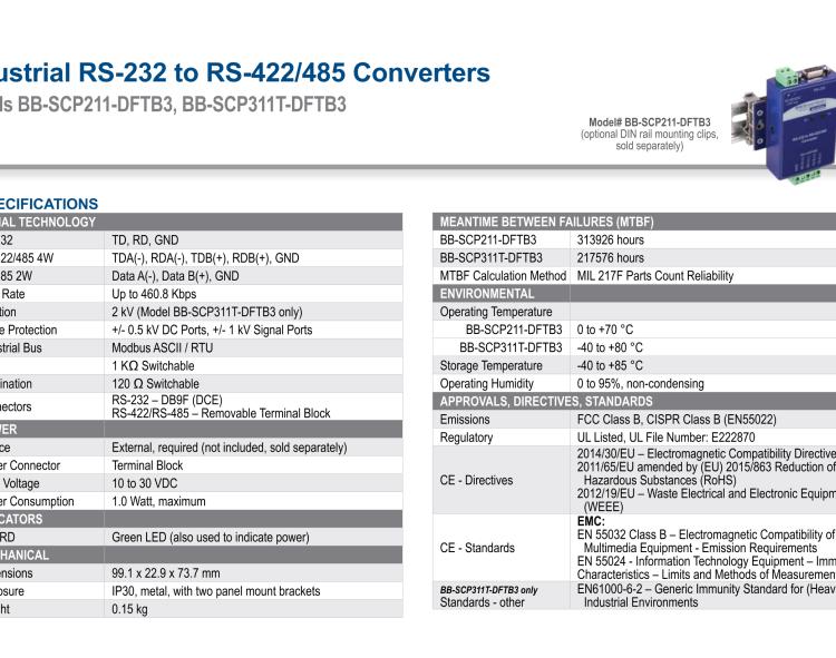 研華BB-SCP311T-DFTB3 ULI-224THC 寬溫度范圍、隔離式、RS-232 至 422/485 轉(zhuǎn)換器