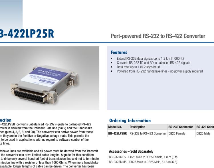 研華BB-422LP25R 串口轉(zhuǎn)換器，RS-232 DB-25 F至RS-422 DB25 M，端口供電