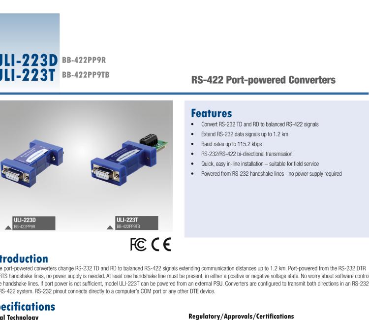 研華BB-422PP9TB ULI-223T RS-232（DB9母頭）至RS-422（接線端子）轉(zhuǎn)換器，端口供電